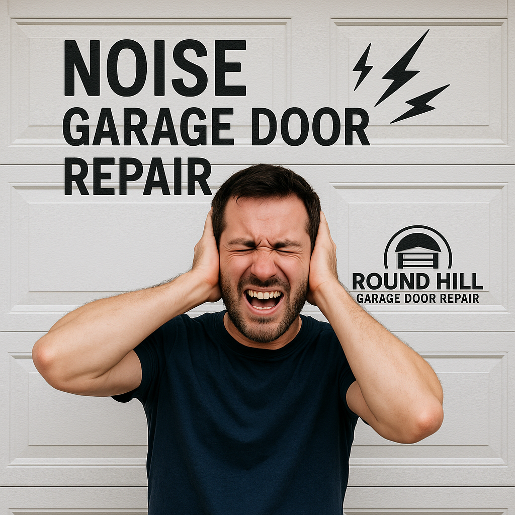 Diagram showing common causes of garage door noise including worn rollers, loose hardware, and lack of lubrication